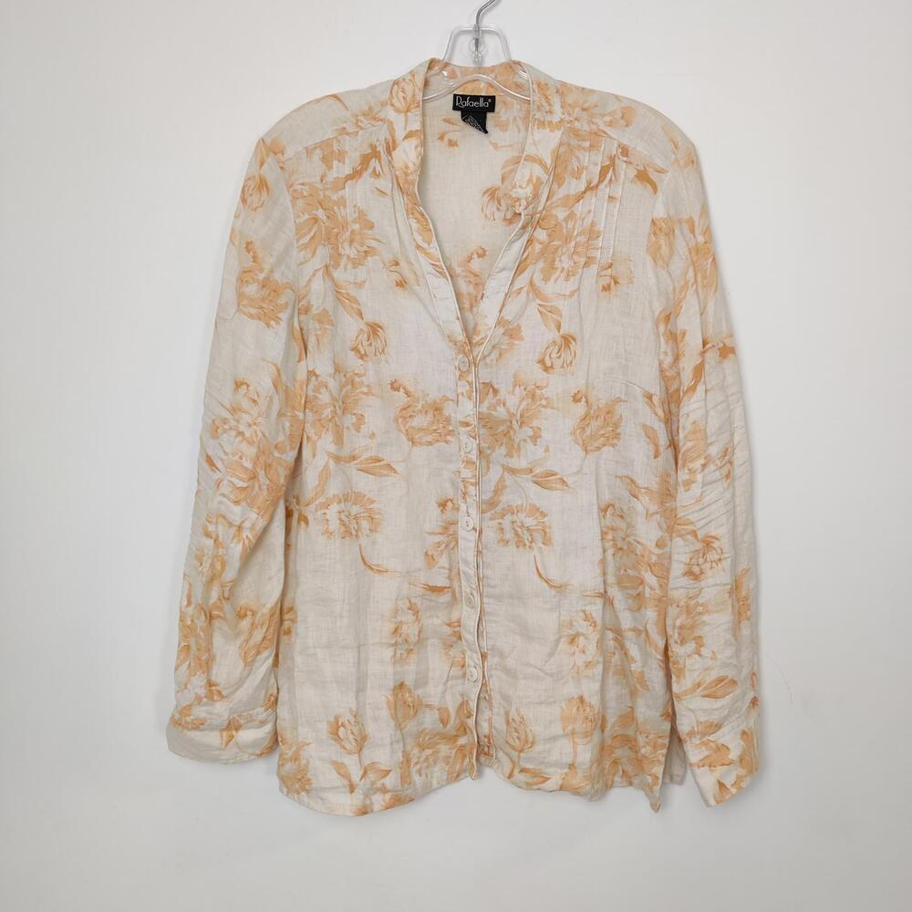 Rafaella 100% Linen Floral Button-Down Shirt Blouse Size 16 Bohemian Summer